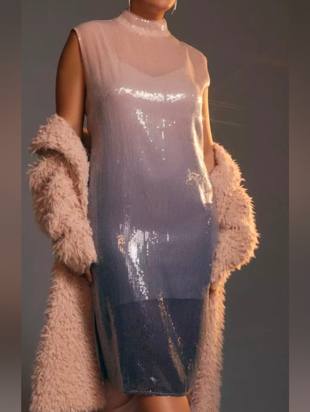 Nwt By Anthropologie Sleeveless Mock-Neck Slim Sequin Midi Dress Sz 12